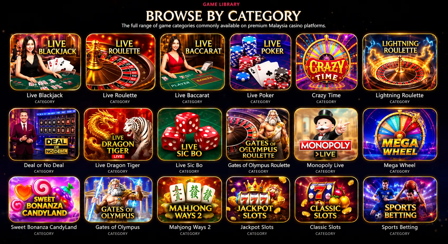 Eighteen live casino and slot game categories including blackjack, roulette, baccarat, poker, Crazy Time and Sic Bo