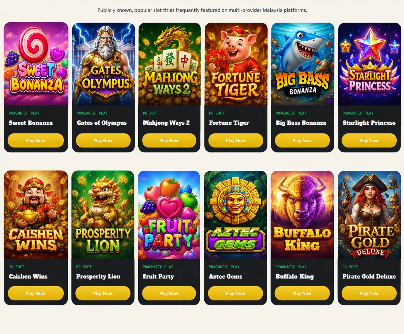Gallery of twelve popular casino game titles including Sweet Bonanza, Gates of Olympus, Mahjong Ways 2 and Fortune Tiger